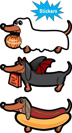 cartoon dachshunds, Halloween costumes, pumpkin basket - vinyl removable sticker
