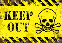 skull and crossbones, distressed texture, diagonal warning stripes - vinyl removable sticker