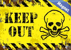 skull and crossbones, keep out text, distressed warning stripes - vinyl removable magnet