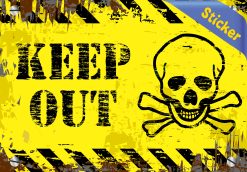 skull and crossbones, distressed texture, diagonal warning stripes - vinyl removable sticker