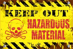 skull and crossbones, diagonal hazard stripes, distressed text effect - vinyl removable sticker