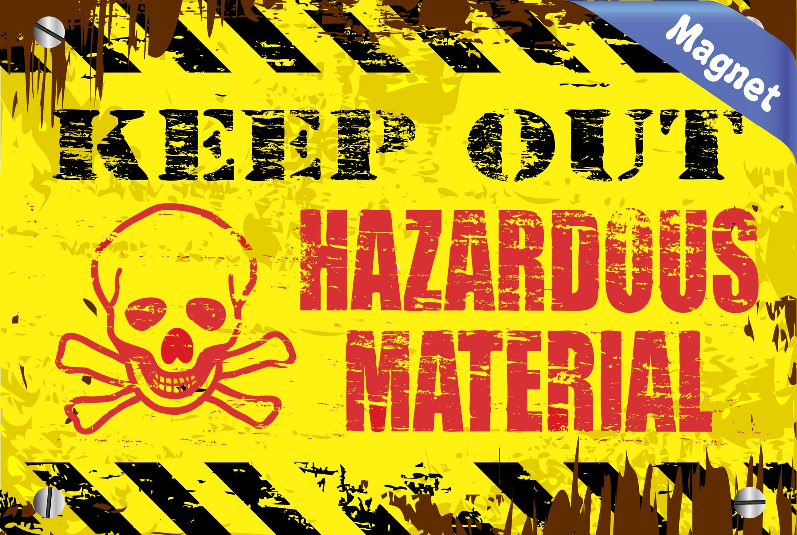 skull and crossbones, hazard stripes, warning text - vinyl removable magnet