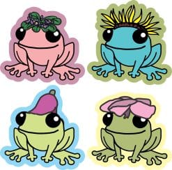 cartoon frogs, floral accessories, smiling expressions - vinyl removable sticker