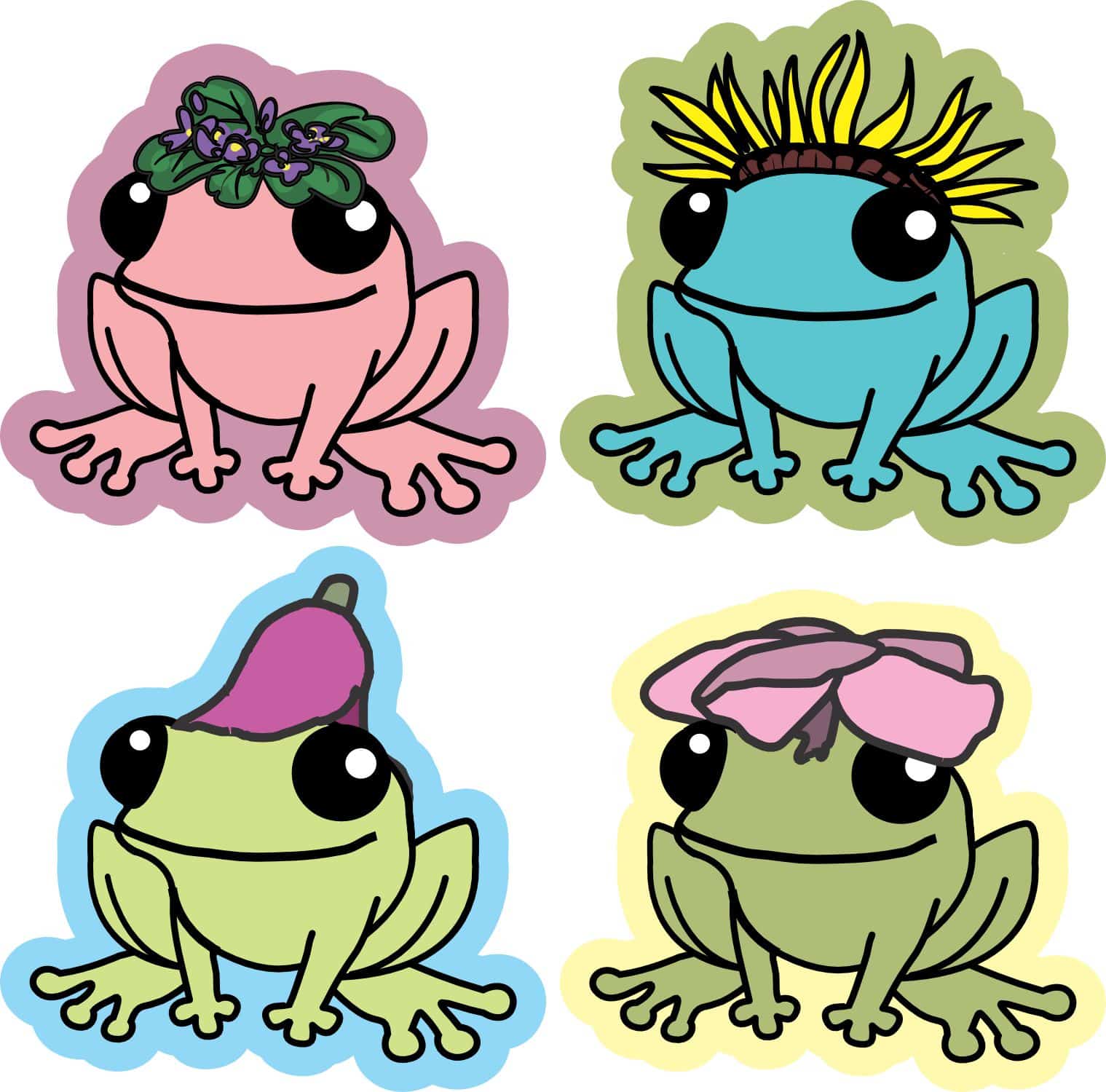 cartoon frogs, floral accessories, smiling expressions - vinyl removable sticker