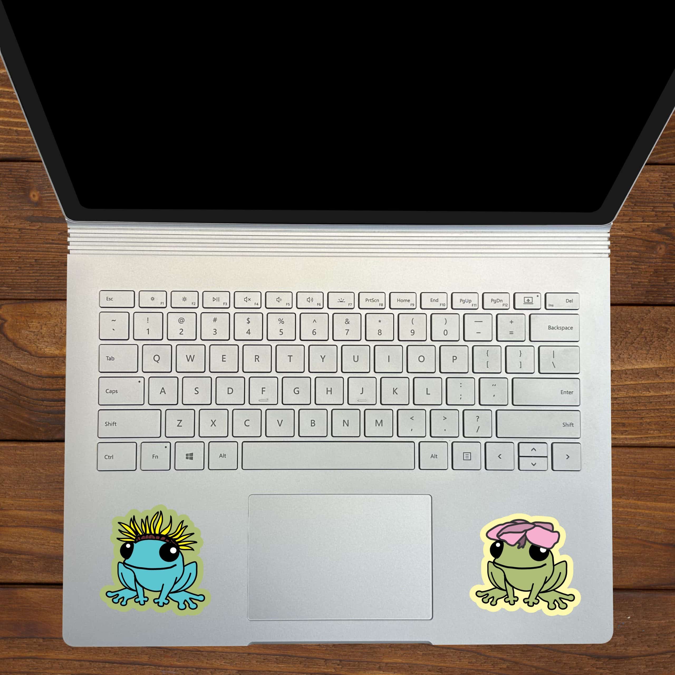 cartoon frogs, floral accessories, smiling expressions - vinyl removable sticker