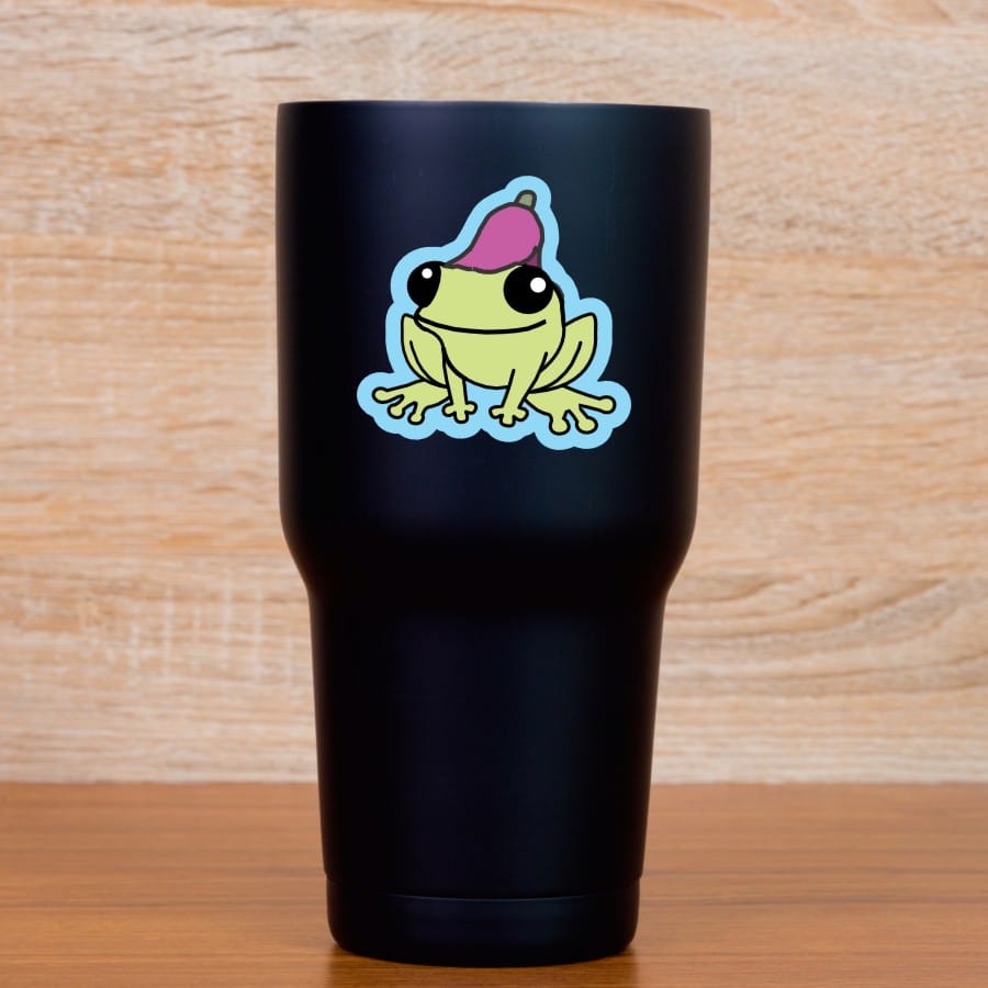 cartoon frogs, floral accessories, smiling expressions - vinyl removable sticker