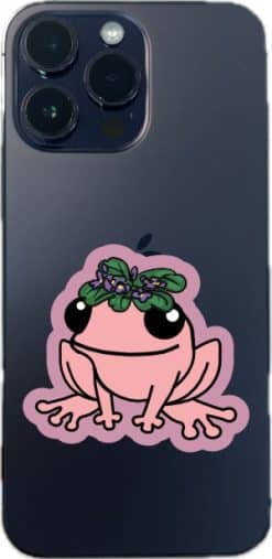 cartoon frogs, floral accessories, smiling expressions - vinyl removable sticker