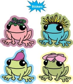 cartoon frogs, floral accessories, smiling expressions - vinyl removable sticker