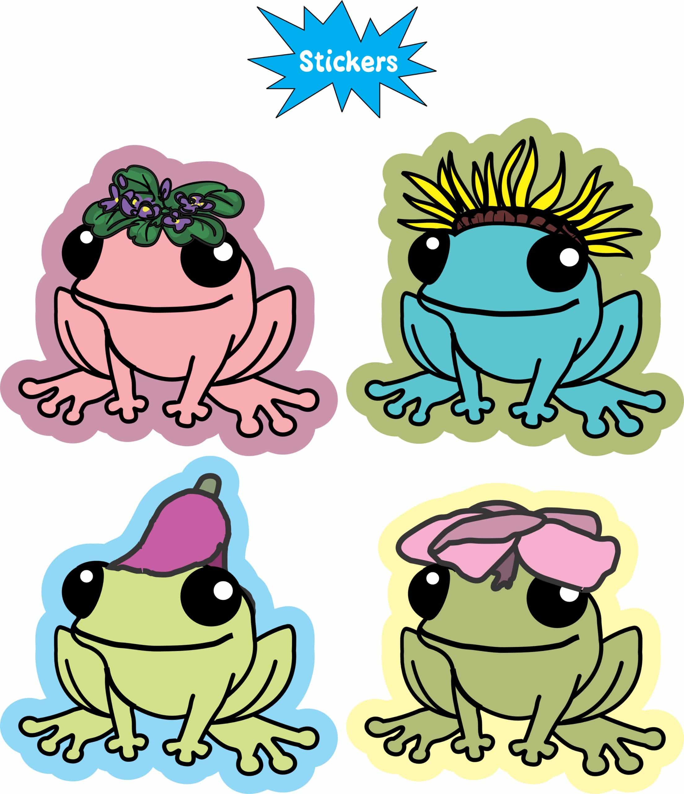 cartoon frogs, floral accessories, smiling expressions - vinyl removable sticker