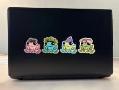 cartoon frogs, floral accessories, smiling expressions - vinyl removable sticker
