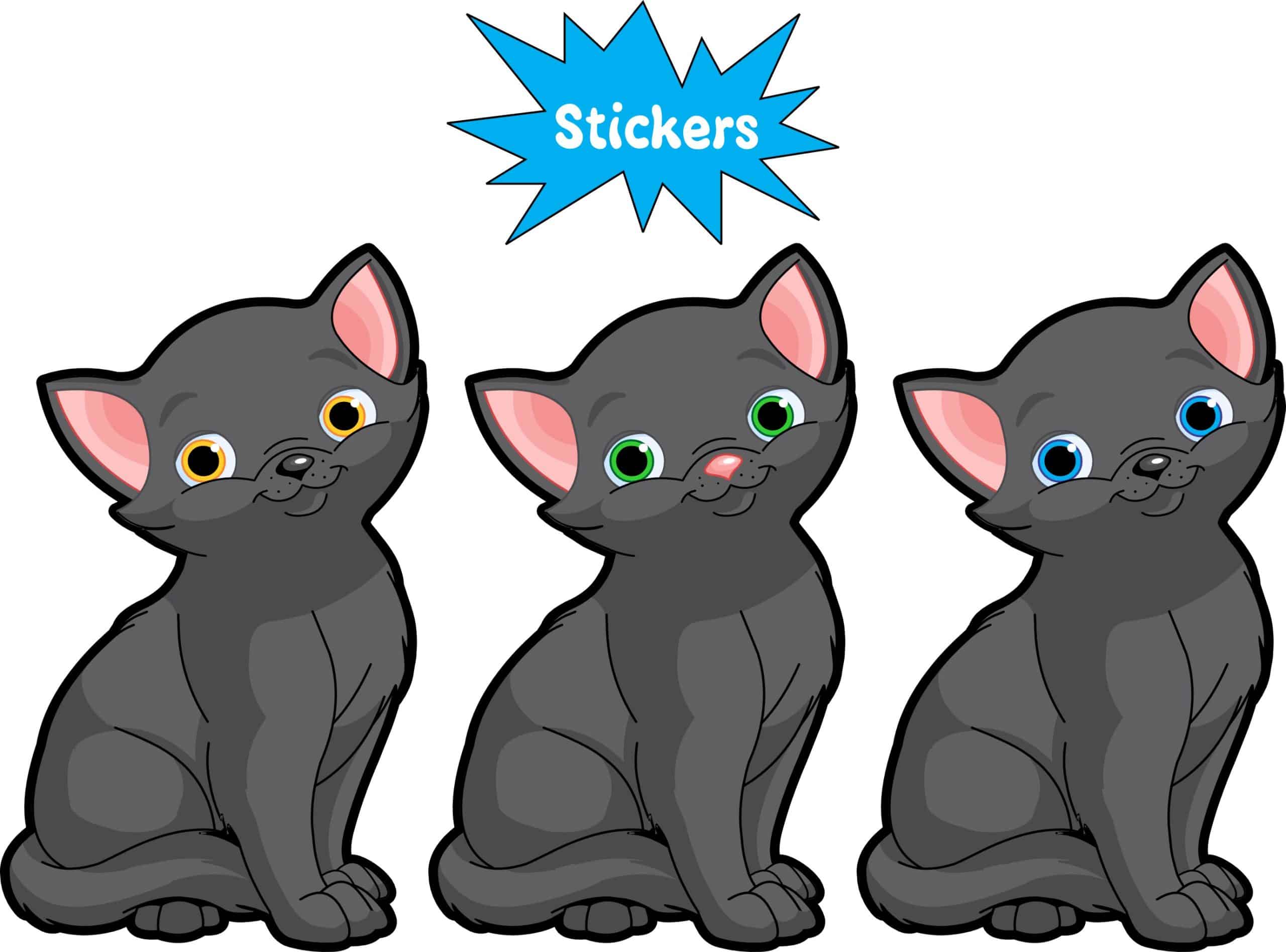 cartoon kittens, sitting pose, colorful eyes - vinyl removable sticker