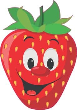 smiling cartoon face, strawberry seeds pattern, green leafy top - vinyl removable sticker