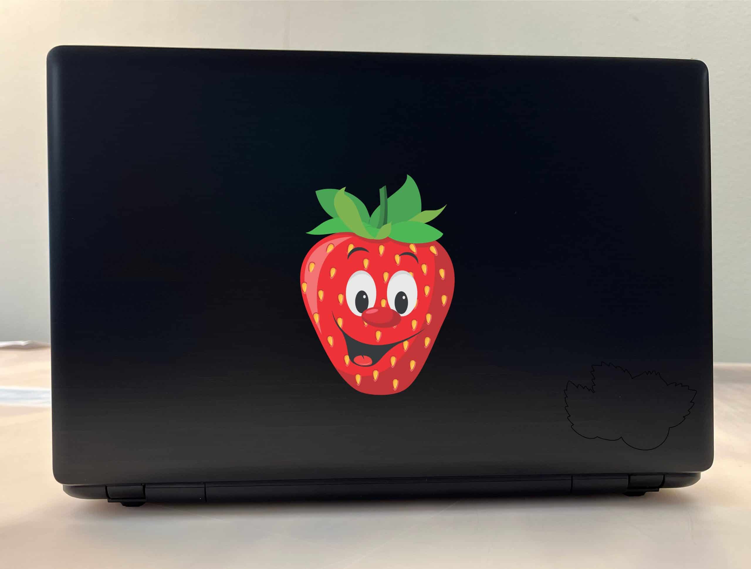 smiling cartoon face, strawberry seeds pattern, green leafy top - vinyl removable sticker