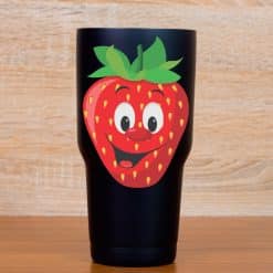 smiling cartoon face, strawberry seeds pattern, green leafy top - vinyl removable sticker