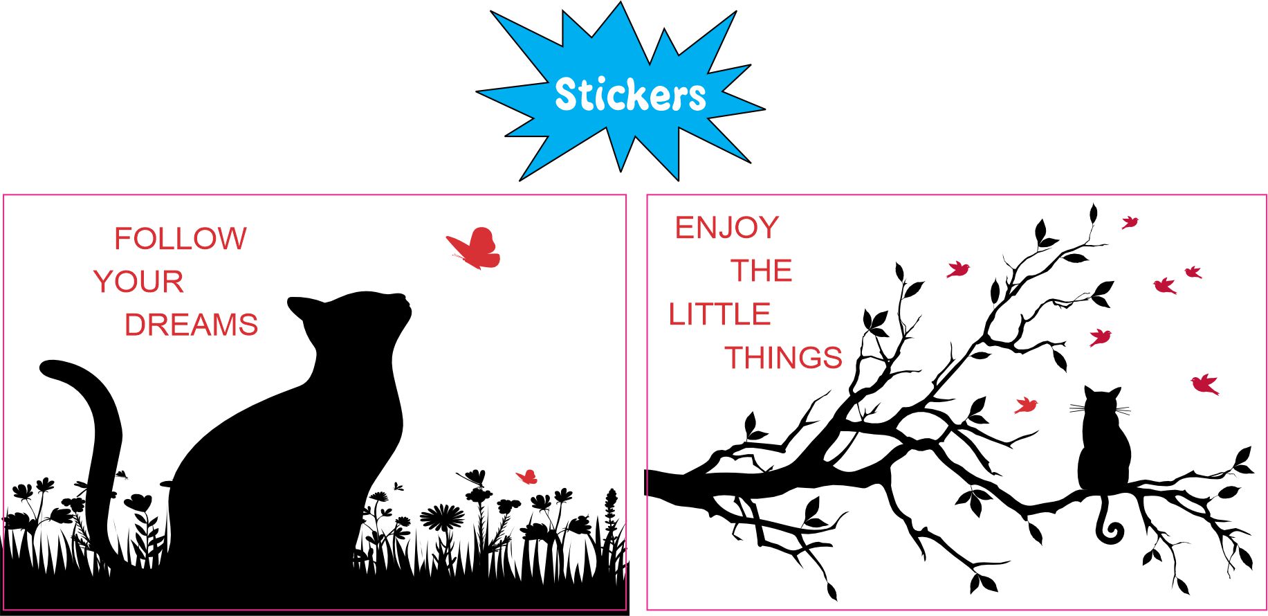 cat silhouettes, motivational text, wildflower border - vinyl removable sticker