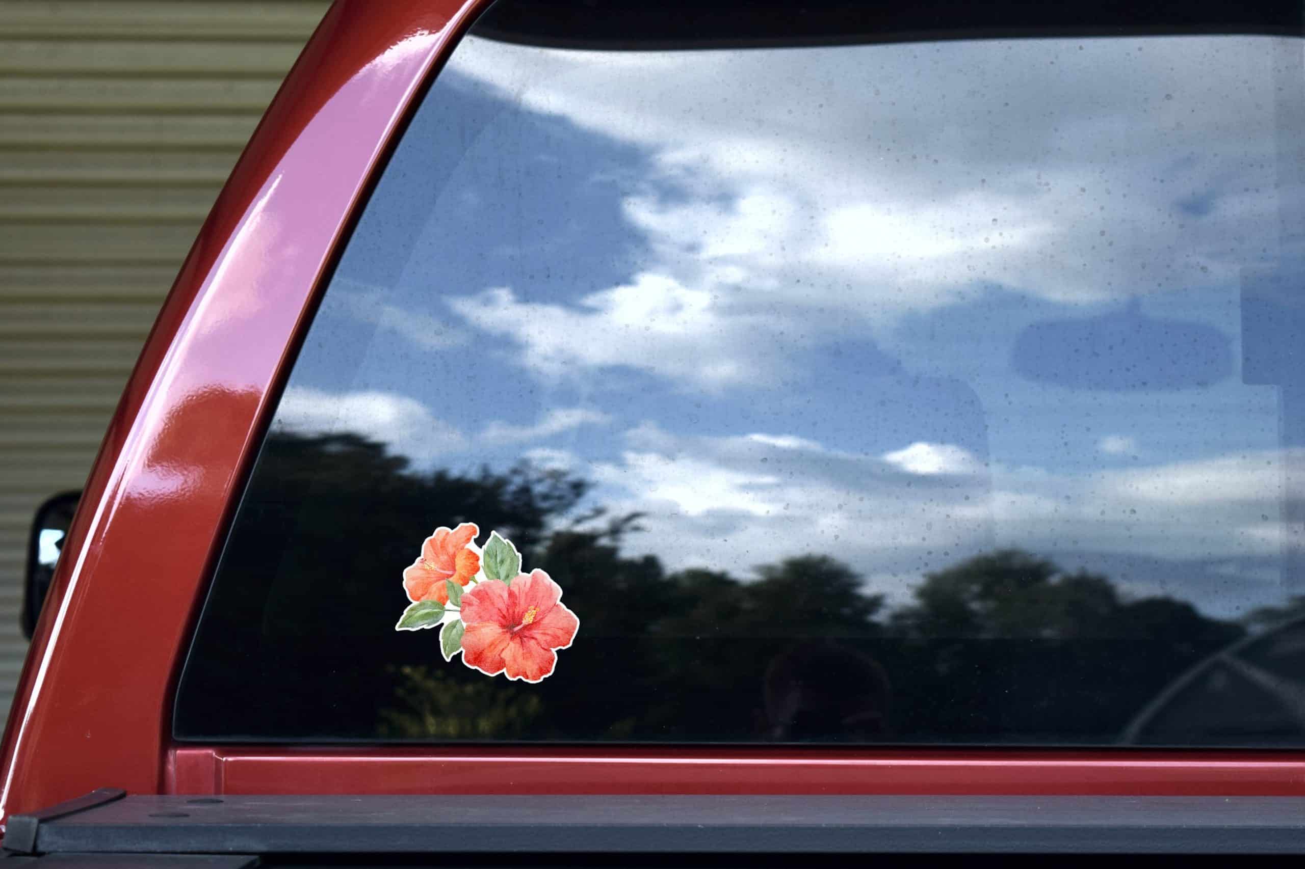 watercolor hibiscus flowers, coral-pink blooms, green foliage - vinyl removable sticker