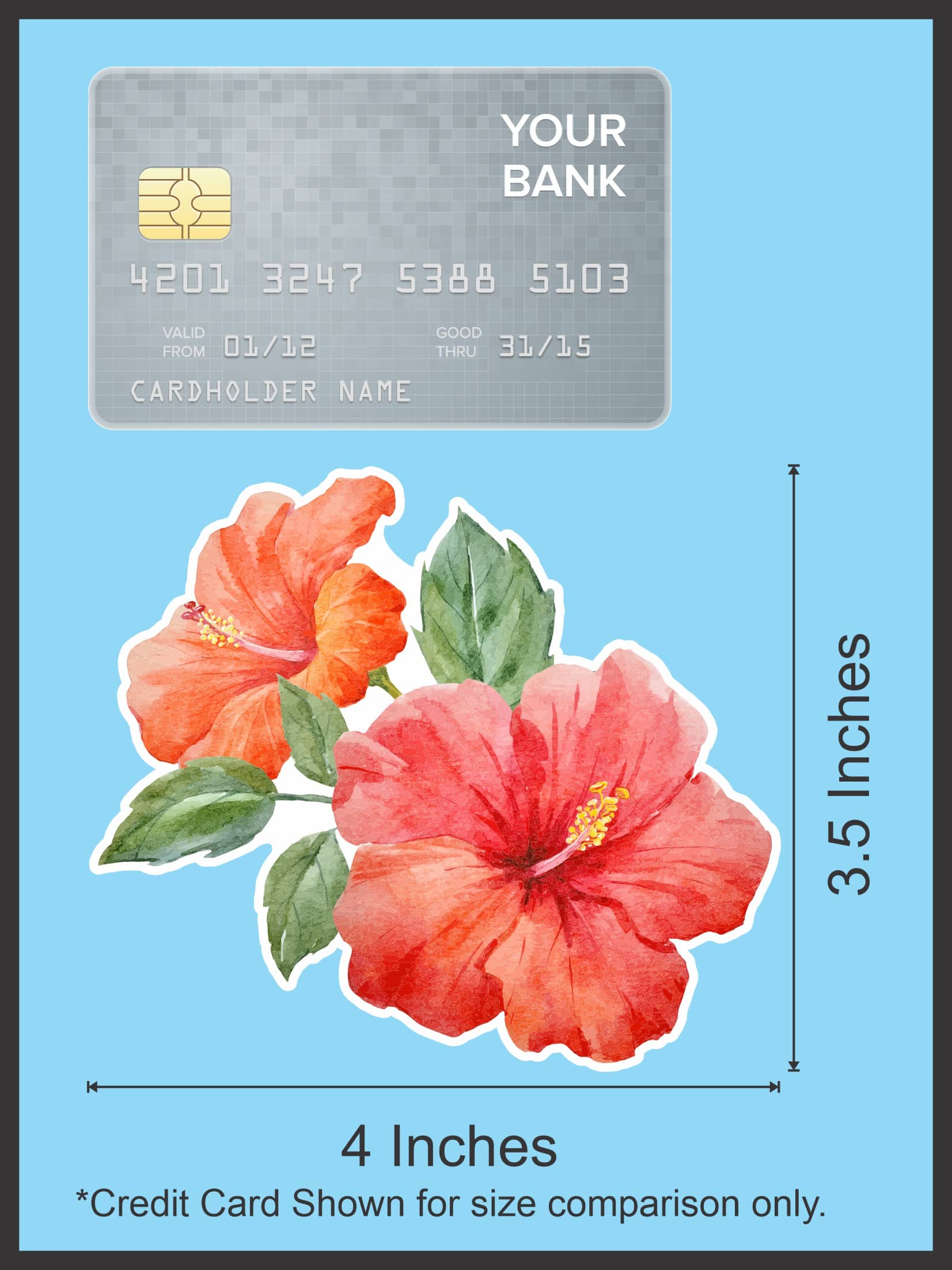 watercolor hibiscus flowers, coral-pink blooms, green foliage - vinyl removable sticker