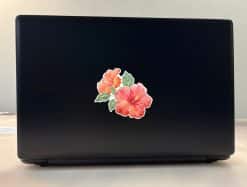 watercolor hibiscus flowers, coral-pink blooms, green foliage - vinyl removable sticker