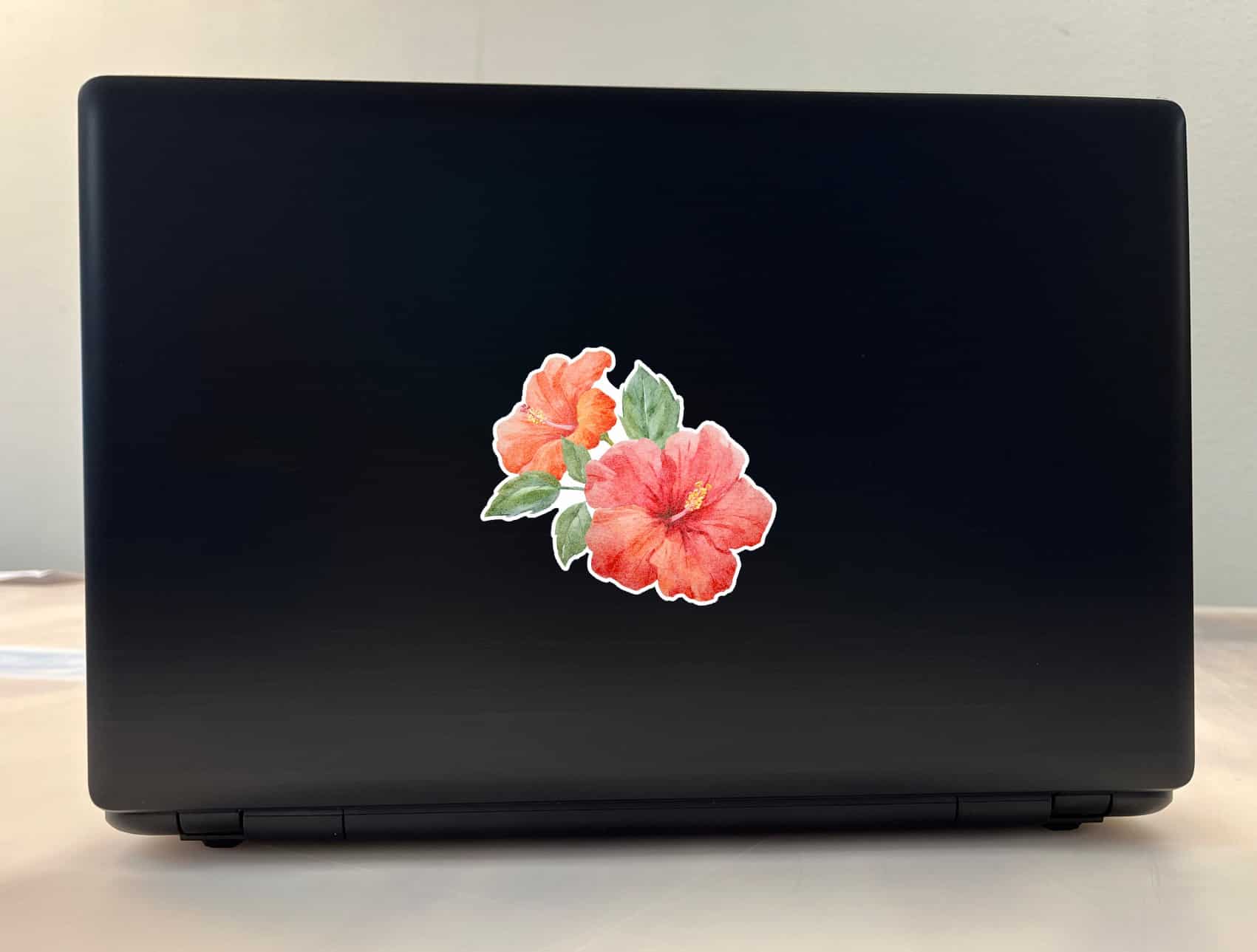 watercolor hibiscus flowers, coral-pink blooms, green foliage - vinyl removable sticker