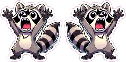 cartoon raccoon characters, excited expressions, raised arms pose - vinyl removable sticker