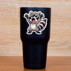 cartoon raccoon characters, excited expressions, raised arms pose - vinyl removable sticker
