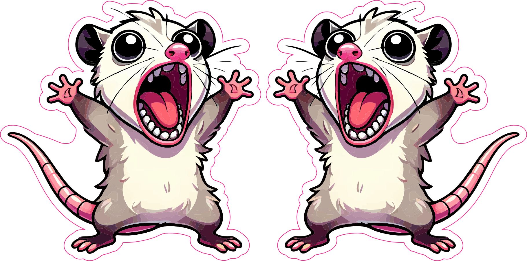 cartoon opossum, screaming expression, pink accents - vinyl removable sticker