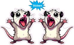 cartoon opossum, screaming expression, pink accents - vinyl removable sticker