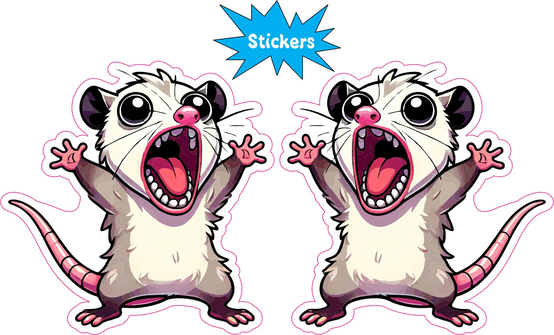 cartoon opossum, screaming expression, pink accents - vinyl removable sticker