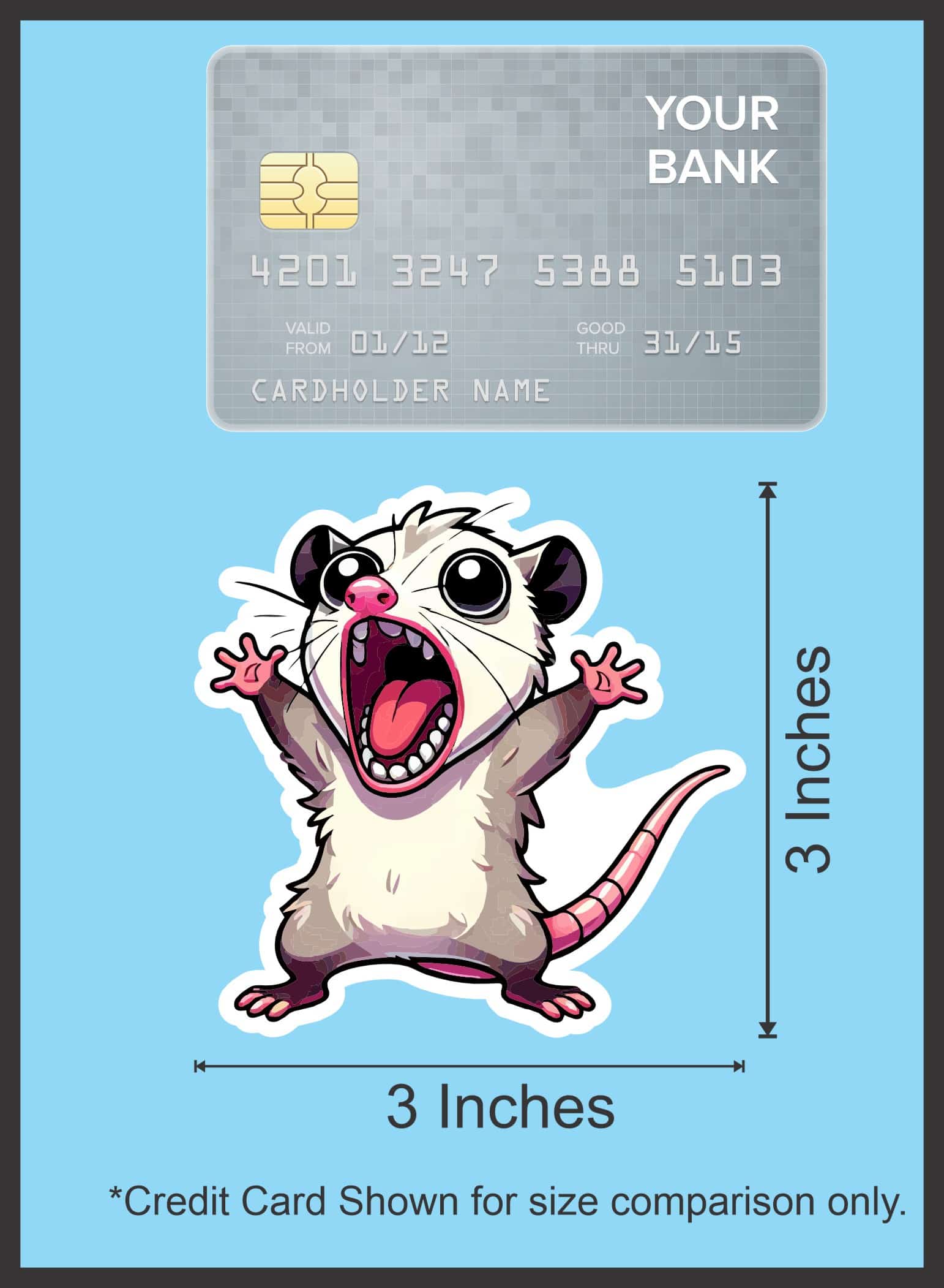 cartoon opossum, screaming expression, pink accents - vinyl removable sticker
