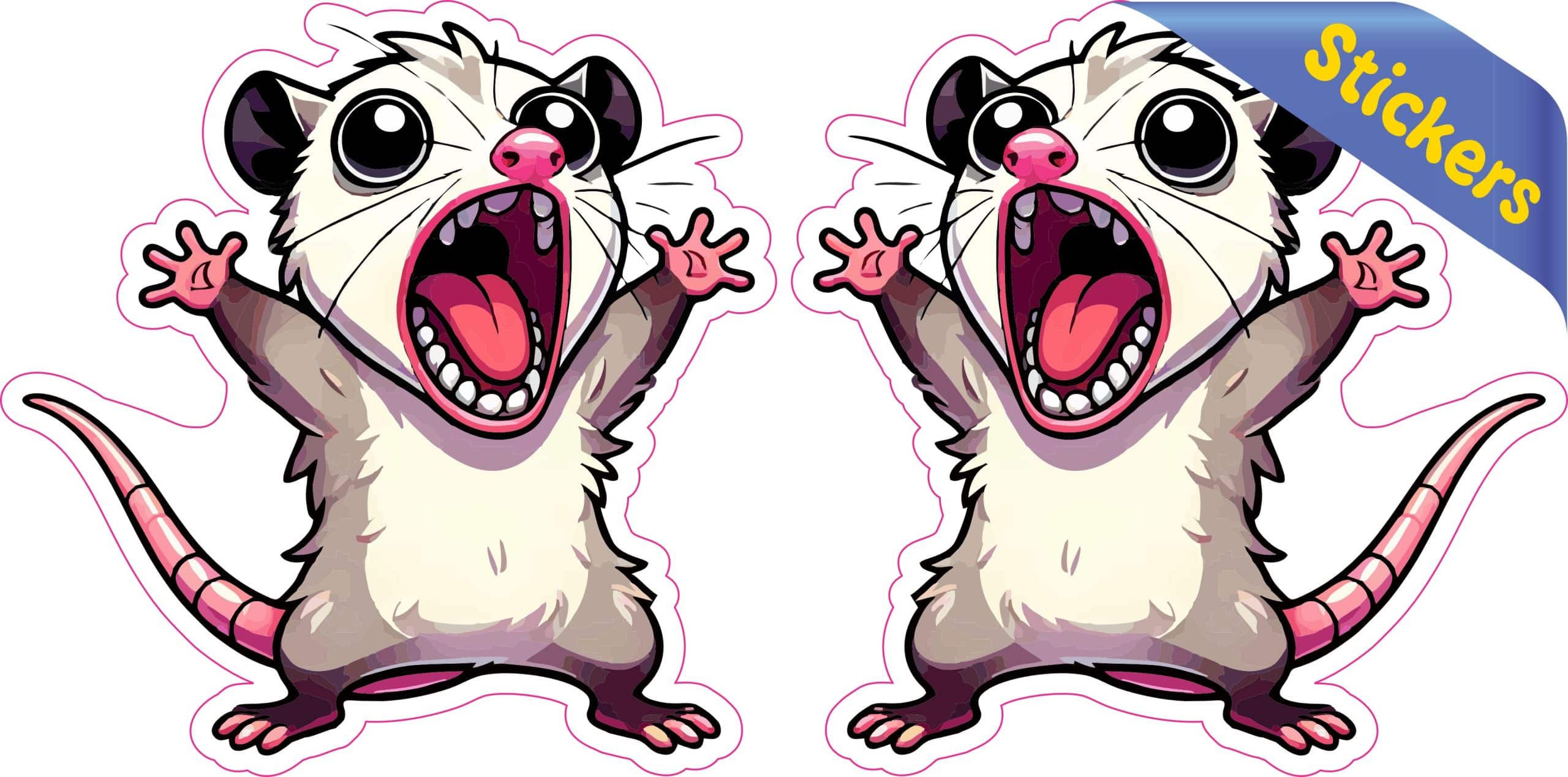 cartoon opossum, screaming expression, pink accents - vinyl removable sticker