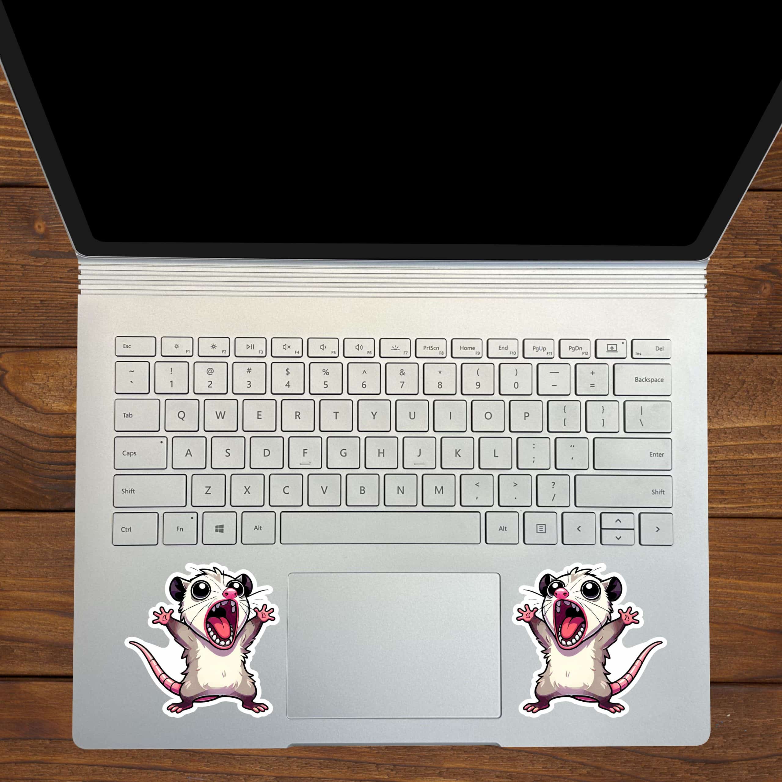 cartoon opossum, screaming expression, pink accents - vinyl removable sticker