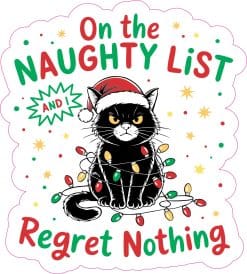 black cat illustration, santa hat, christmas lights - vinyl removable sticker