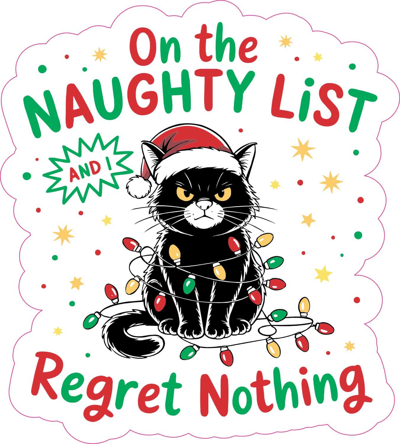 black cat illustration, santa hat, christmas lights - vinyl removable sticker