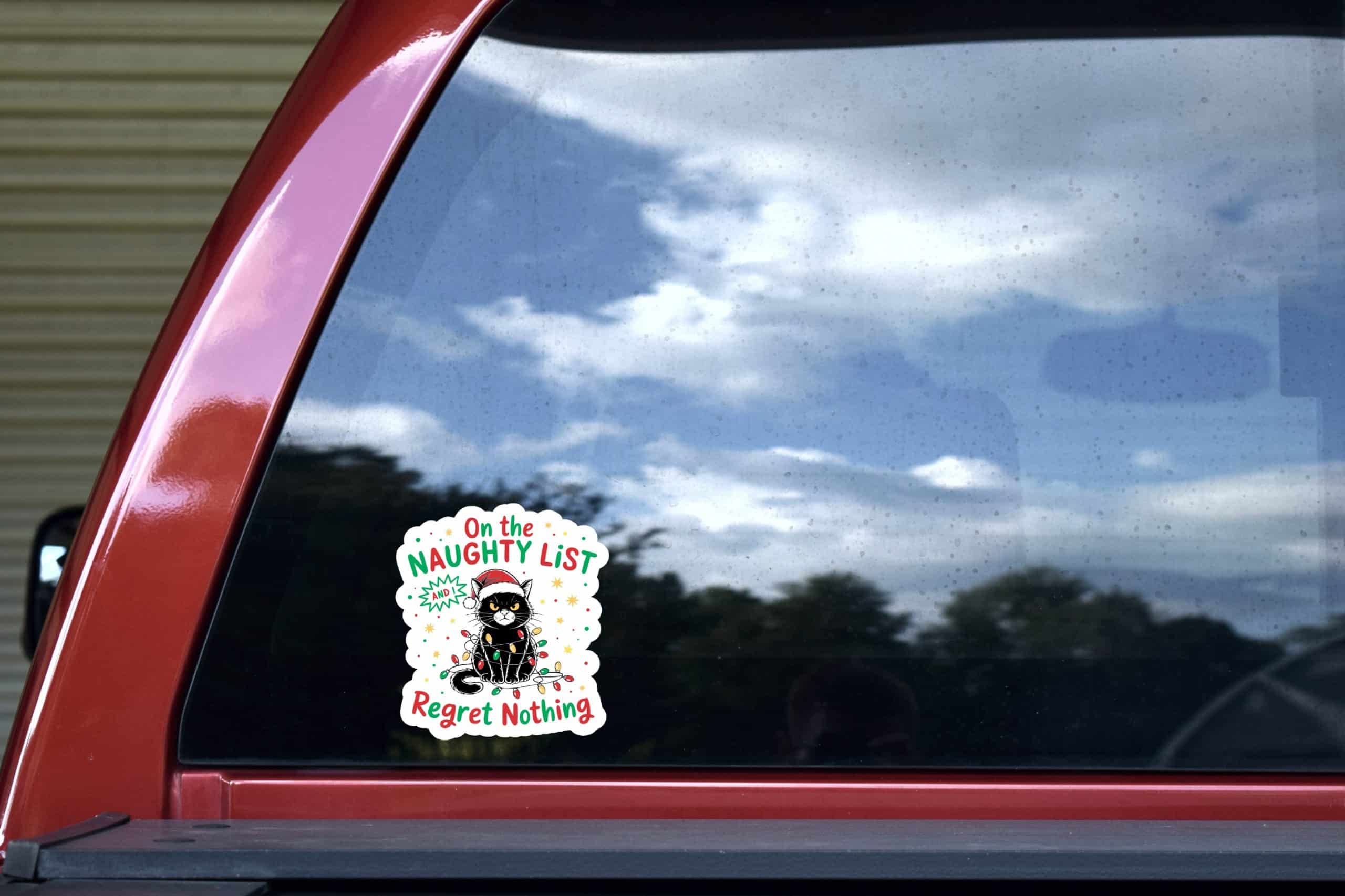 black cat illustration, santa hat, christmas lights - vinyl removable sticker