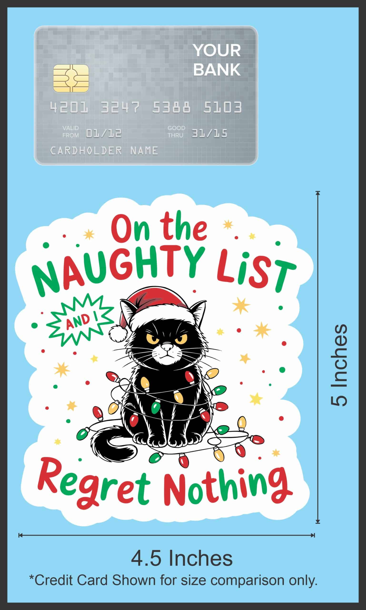 black cat illustration, santa hat, christmas lights - vinyl removable sticker