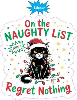 black cat illustration, santa hat, christmas lights - vinyl removable sticker