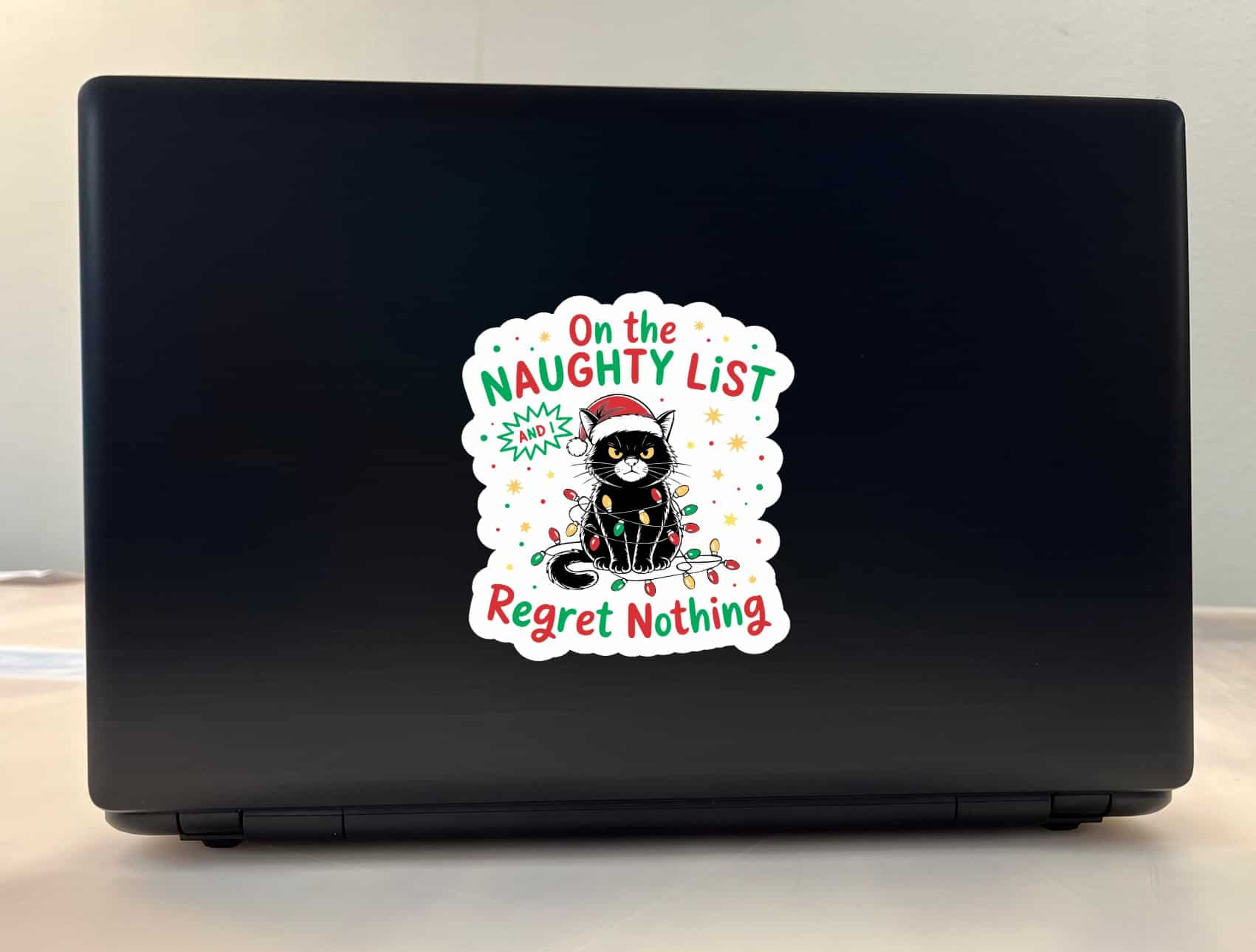 black cat illustration, santa hat, christmas lights - vinyl removable sticker
