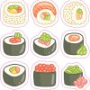 kawaii sushi characters, traditional nori wrapping, colorful fish and vegetables - vinyl removable sticker