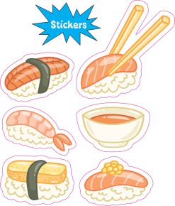 kawaii sushi, chopsticks, soup bowl - vinyl removable sticker