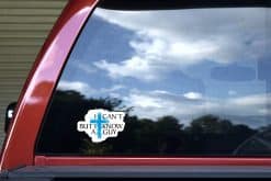 distressed blue cross, cloud-shaped border, faith-based typography - vinyl removable sticker