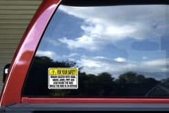 warning triangle, yellow caution banner, bold black text - vinyl removable sticker