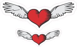 red hearts, white angel wings, tattoo-style artwork - vinyl removable sticker