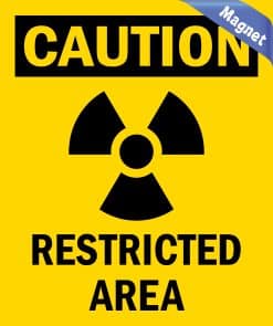 radiation hazard symbol, caution text, restricted area text - vinyl removable magnet