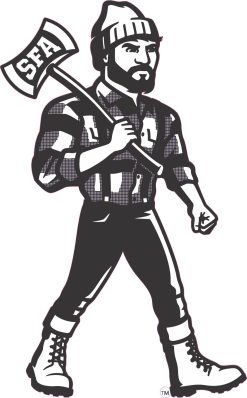 lumberjack mascot character, SFA branded axe, bold black and white graphics - vinyl removable sticker