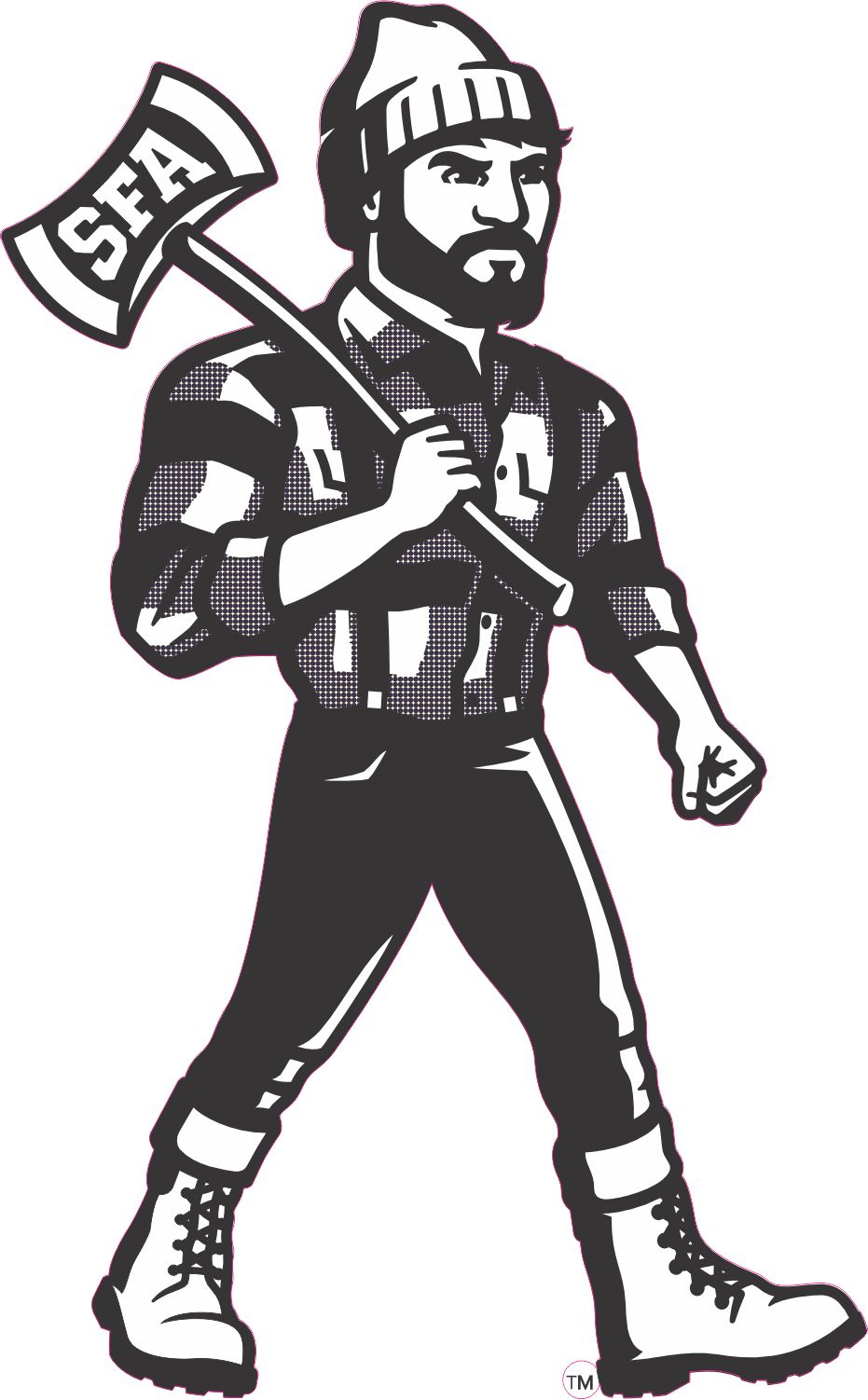 lumberjack mascot character, SFA branded axe, bold black and white graphics - vinyl removable sticker