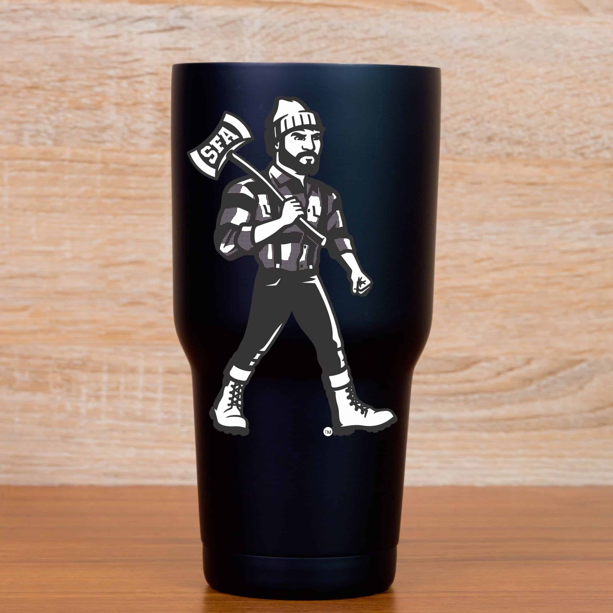 lumberjack mascot character, SFA branded axe, bold black and white graphics - vinyl removable sticker