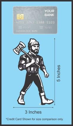 lumberjack mascot character, SFA branded axe, bold black and white graphics - vinyl removable sticker