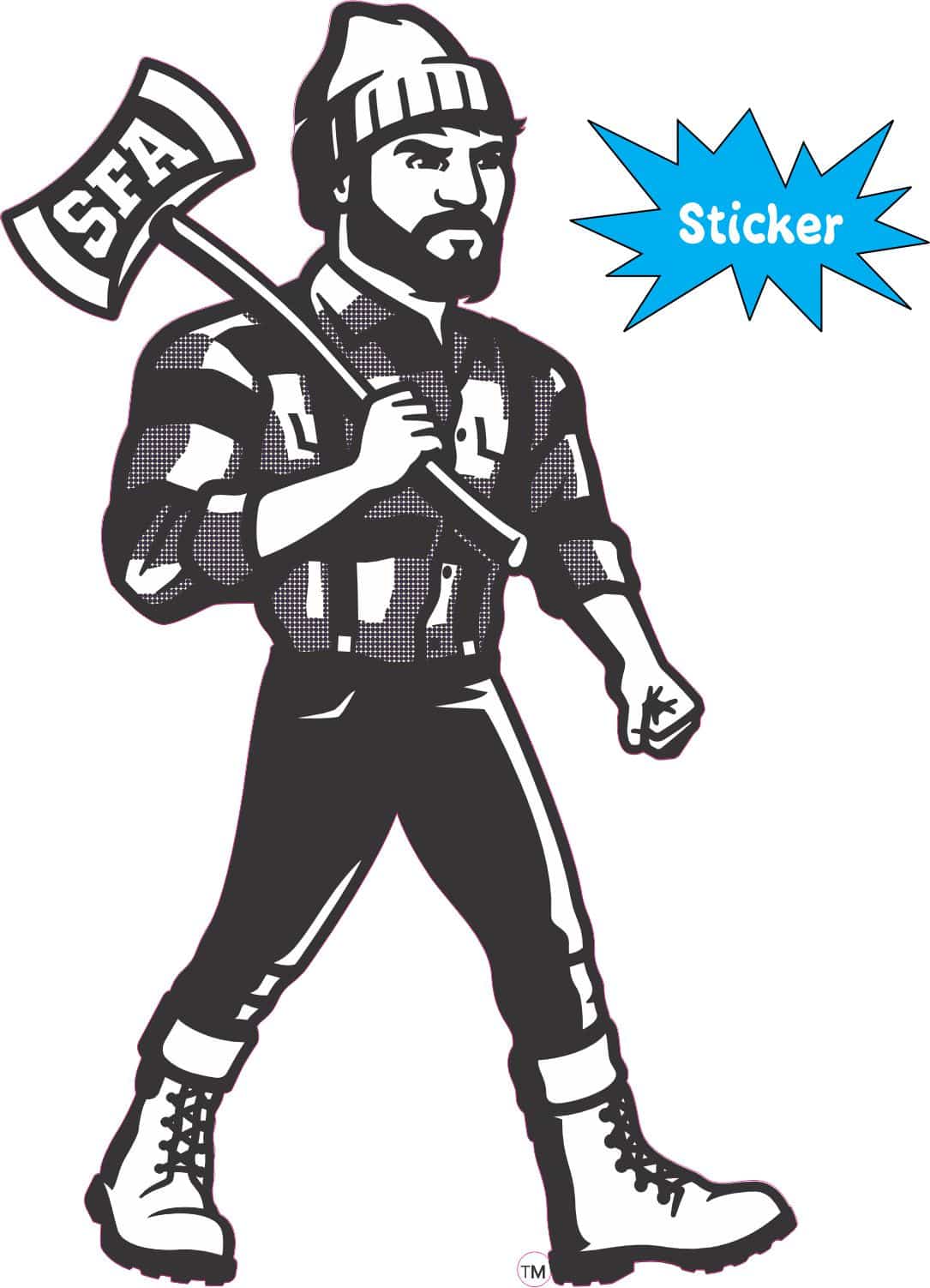 lumberjack mascot character, SFA branded axe, bold black and white graphics - vinyl removable sticker