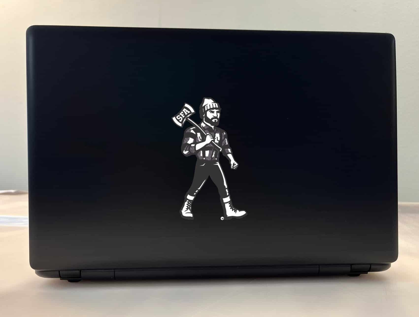 lumberjack mascot character, SFA branded axe, bold black and white graphics - vinyl removable sticker