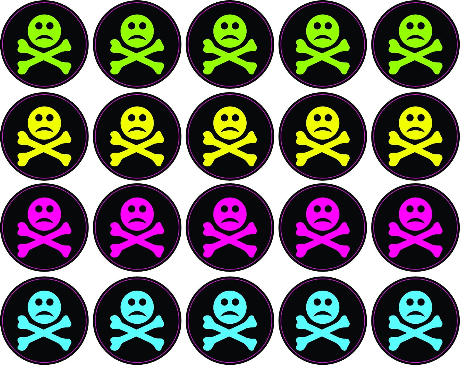 skull and crossbones, sad facial expression, circular badges - vinyl removable sticker